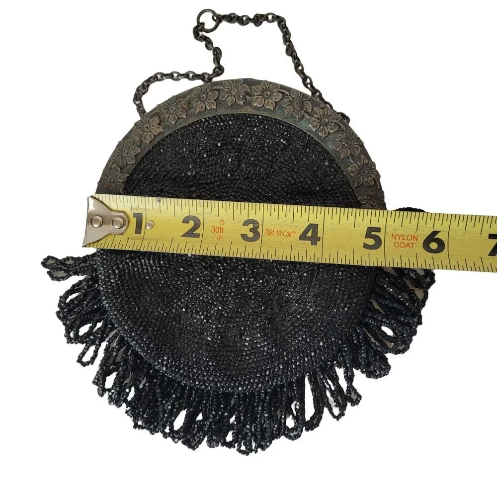 Black Beaded Small Purse With Floral Metal Frame & Fringe Detail Antique - Picture 7 of 10